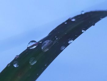 Close-up of water drops on metal against blue sky