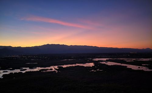 Scenic view of silhouette landscape against sky during sunset