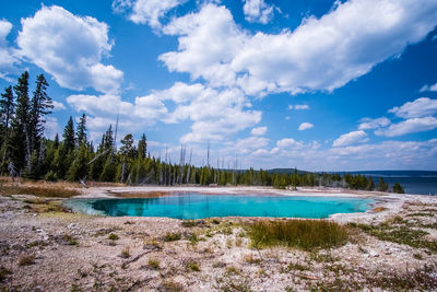 Scenic view of lake against cloudy sky