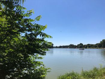 Scenic view of lake against clear blue sky