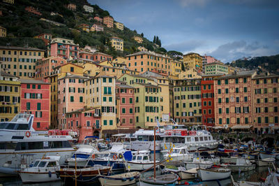 Boats moored at harbor against sky