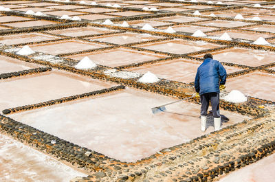 Rear view of workers working at salt flat