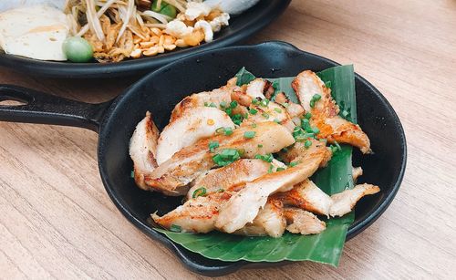 High angle view of food in plate on table