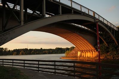 Bridge over river at sunset