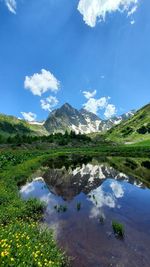 Scenic view of lake and mountains against sky