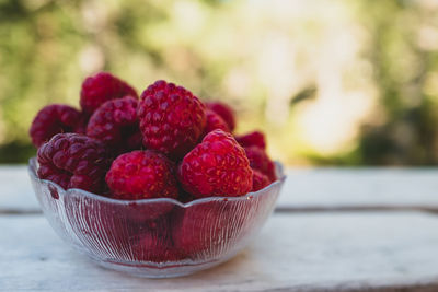 Close-up of raspberries in a bowl