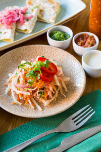 High angle view of meal served on table