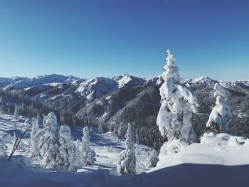 Panoramic view of snowcapped mountains against clear blue sky