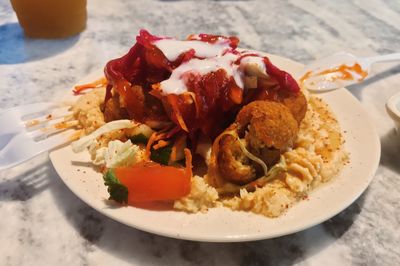 High angle view of food in plate on table