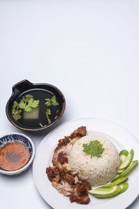 High angle view of food served on table