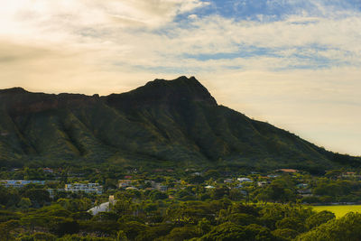 Scenic view of mountains against cloudy sky