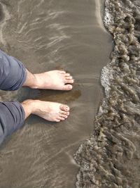 Low section of man standing in water