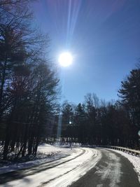 Road amidst trees against clear sky during winter