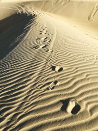 Footprints on sand at beach