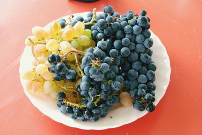 High angle view of grapes in plate