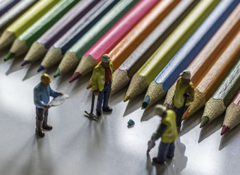 High angle view of colored pencils on table