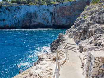 Scenic view of sea by rock formation