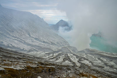 Smoke emitting from volcanic mountain against sky