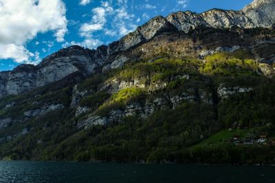 Scenic view of mountains against cloudy sky