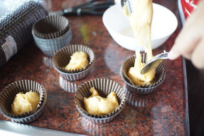 High angle view of cupcakes on table