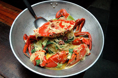 High angle view of crab in wok on table