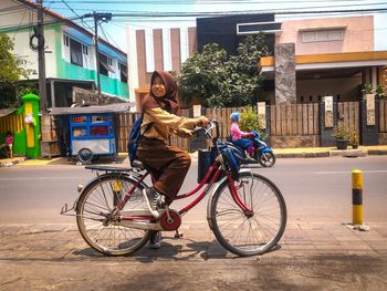 Bicycles parked on street in city