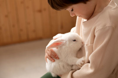 Close-up of boy playing with rabbit