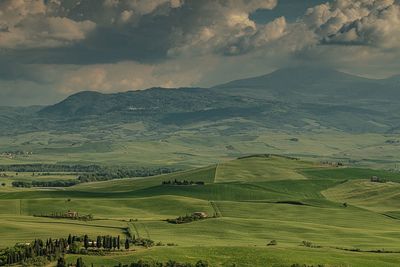 Scenic view of agricultural field against sky