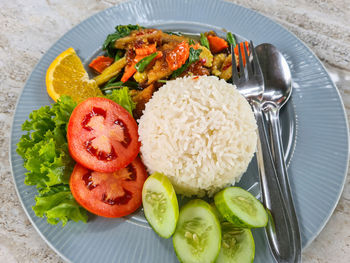 High angle view of food in plate on table