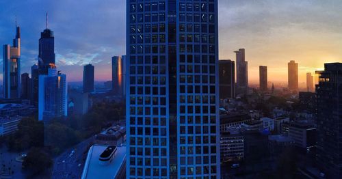 City skyline at sunset