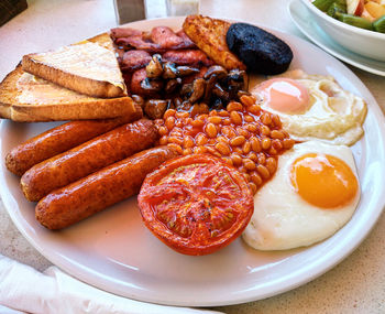 High angle view of food served in plate on table