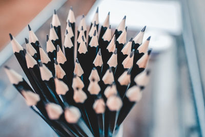 High angle view of pencils on table