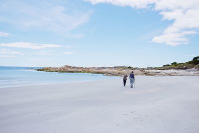 Rear view of couple on beach against sky