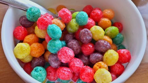 High angle close-up of breakfast cereals in bowl on table