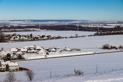 High angle view of city during winter