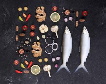 High angle view of fish on table