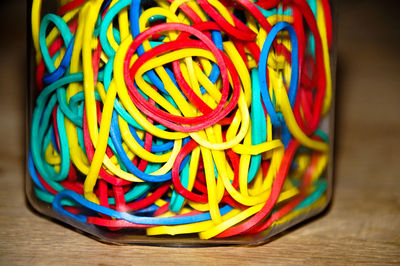 Close-up of multi colored pencils on table