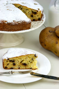 Close-up of cake served on table