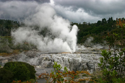 Scenic view of waterfall against sky