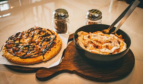 High angle view of food served on table