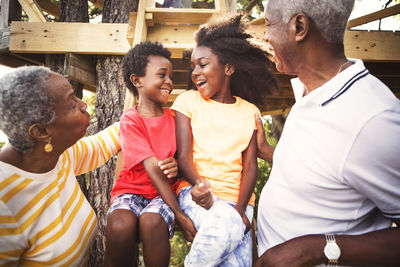 Happy grandparents and grandchildren on tree house