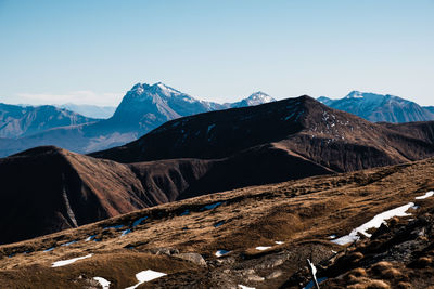 Scenic view of snowcapped mountains against sky in amatrice, lazio italy 