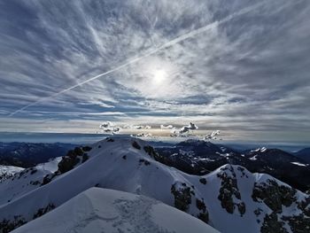 Scenic view of snow covered mountains against sky
