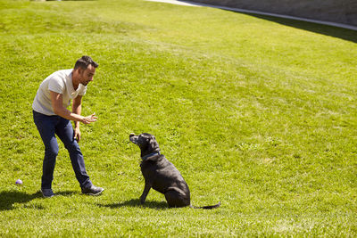 A man training his dog.