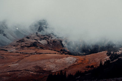 Smoke emitting from volcanic mountain against sky