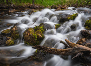 Close-up of water flowing over river in forest