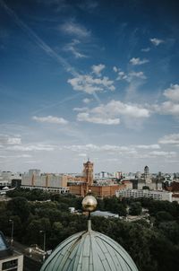 High angle view of buildings against sky