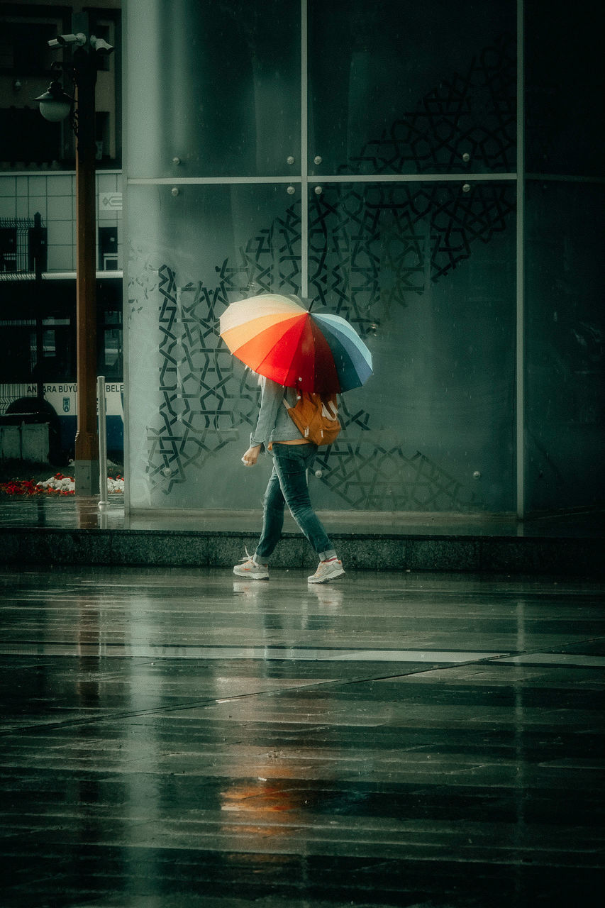 WOMAN WITH UMBRELLA WALKING IN RAIN