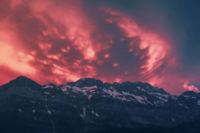 Scenic view of mountains against sky during sunset