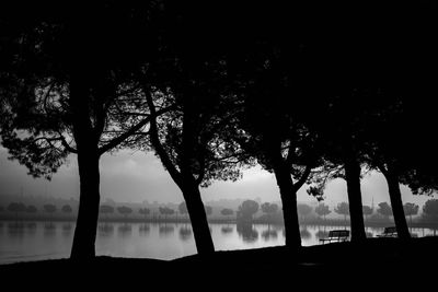 Silhouette trees by lake against sky